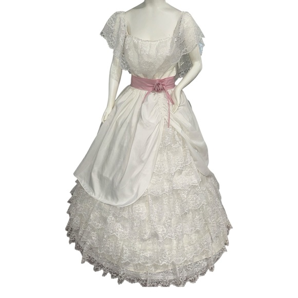 Source Unknown Dresses & Skirts - Vintage 70’s Prom Dress With Petticoat Lace White Pink Ribbon Southern Belle S/M